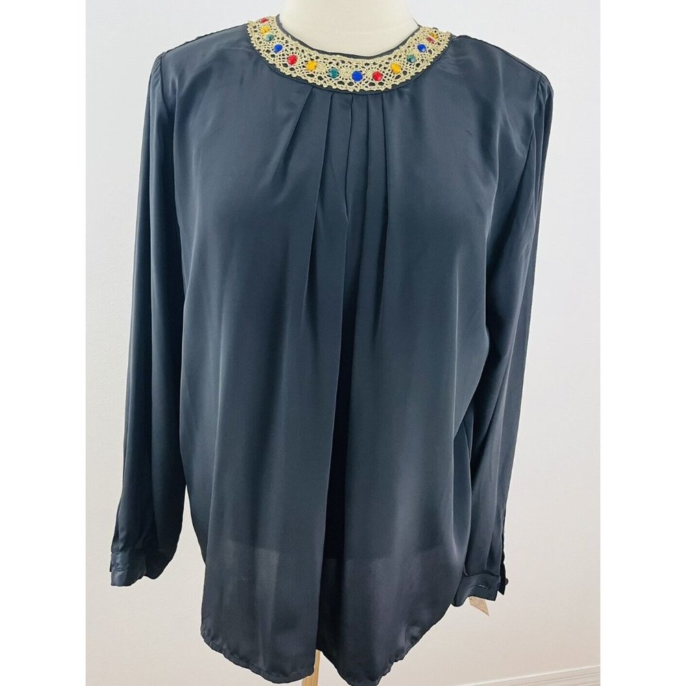 Vintage Lindsey Blake Women's 12 Blouse Jeweled Collar Secretary Geek Silky NOS